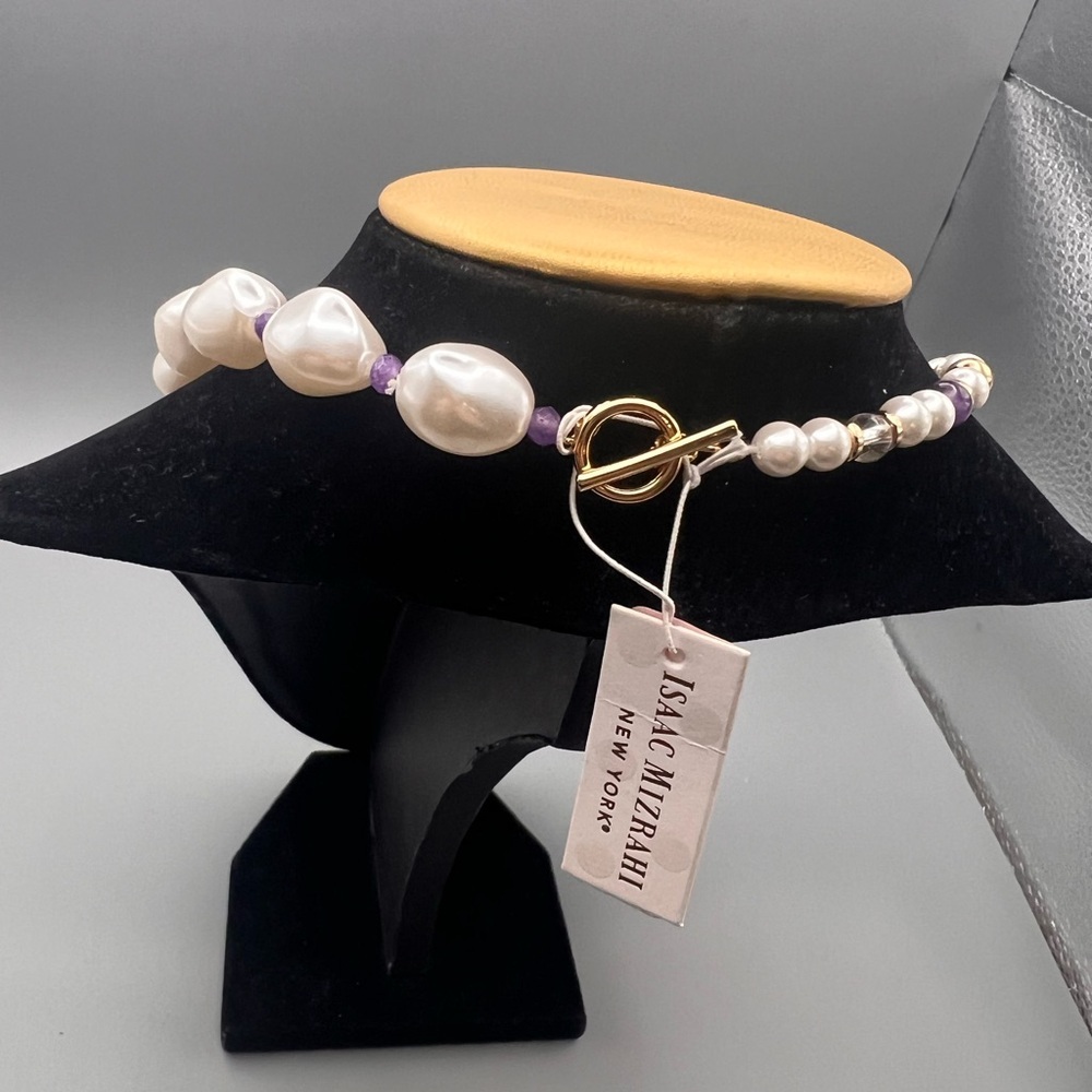 Faux Pearl and Purple beads Necklace - Picture 2 of 3